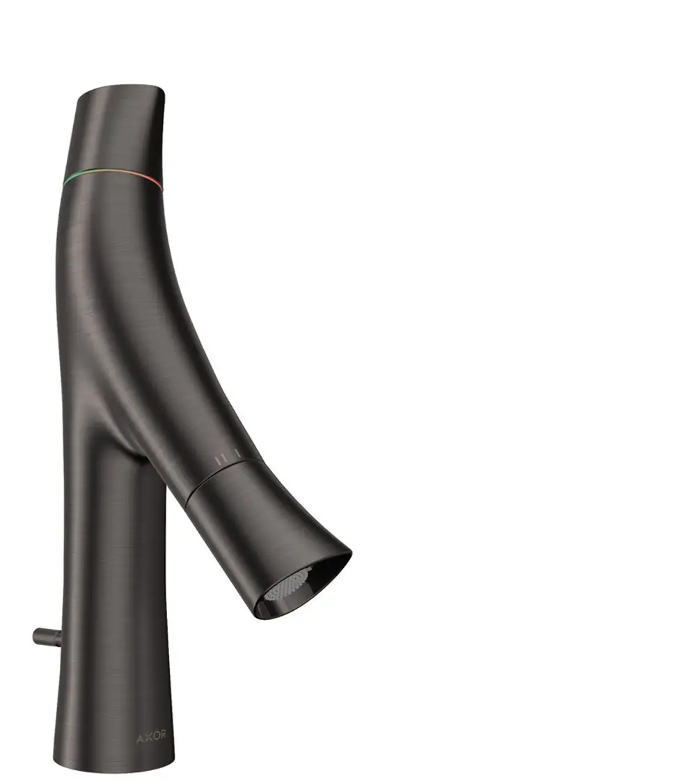 Waschtischmischer in gebürstetem Schwarz-Chrom von AXOR mit einem geschwungenen Design und integrierter Zugstangen-Ablaufgarnitur.